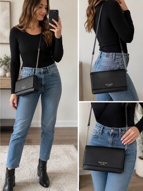 Kate Spade Madison Black Saffiano Leather Wallet Crossbody Purse Fits Iphone 16